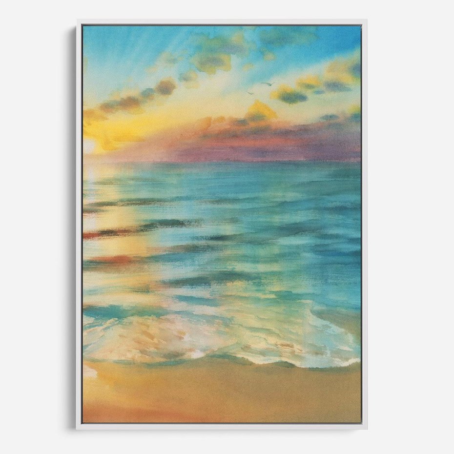 Obraz w ramie 50x70 - Objawienie Fioletowego Świtu - fioletowy wschód słońca, słońce wschodzi nad morzem - rama biała