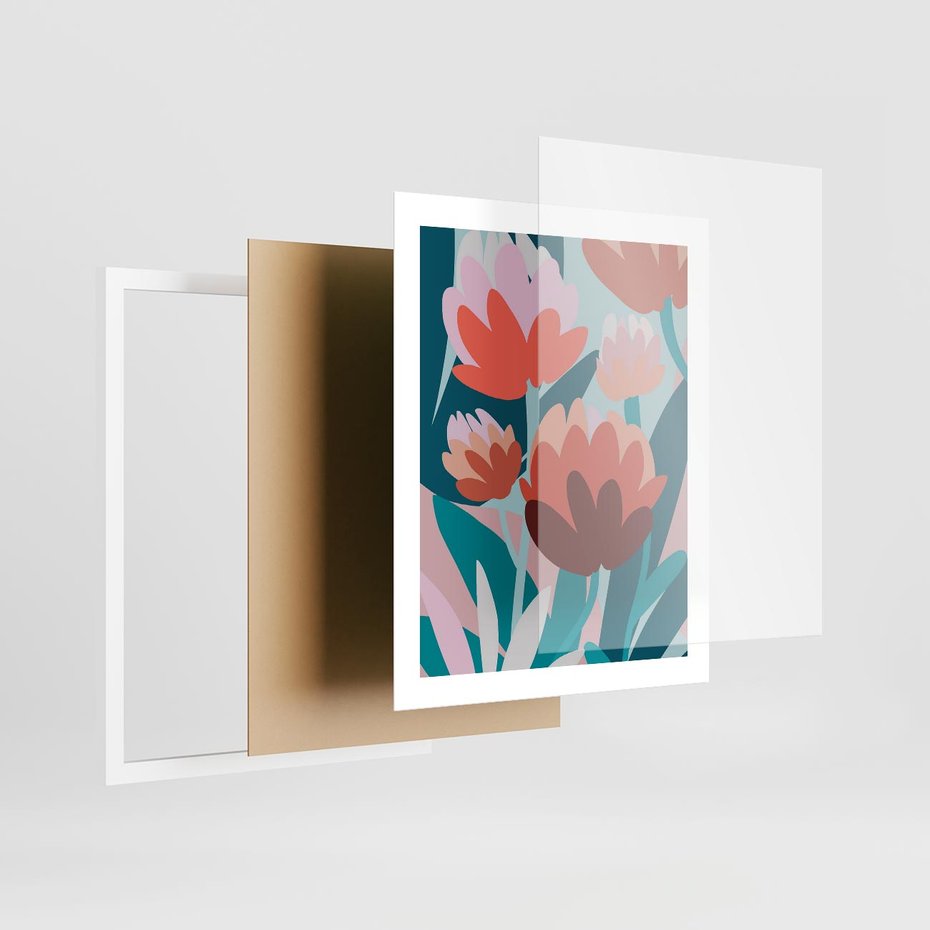 Plakat w ramie 40x50 - Symfonia Kwiatów - abstrakcyjna kompozycja kwiatowych form, kolor zgaszone - rama biała