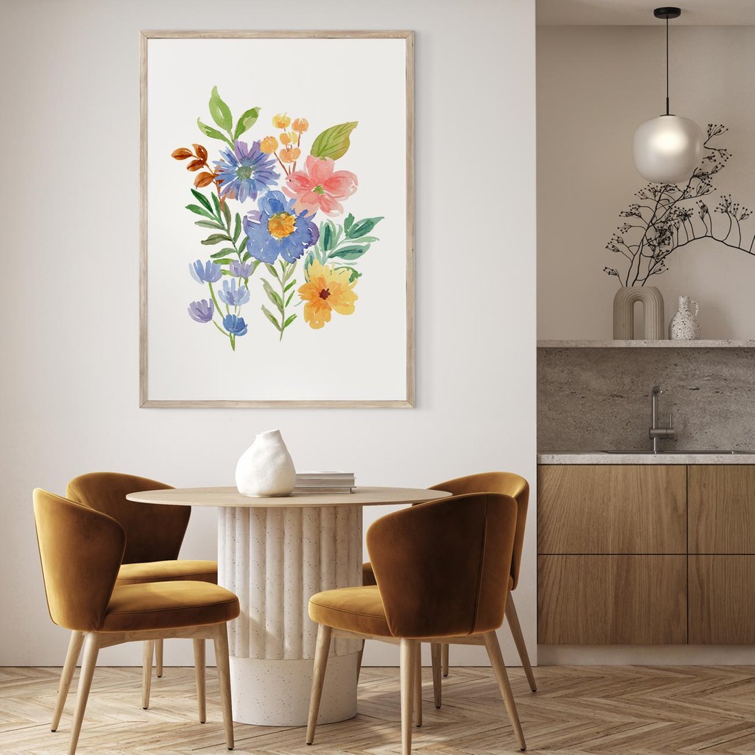 Plakat w ramie 40x50 - Kwiatowe Opowieści - akwarelowe polne kwiaty, minimalistyczna sztuka - rama drewno