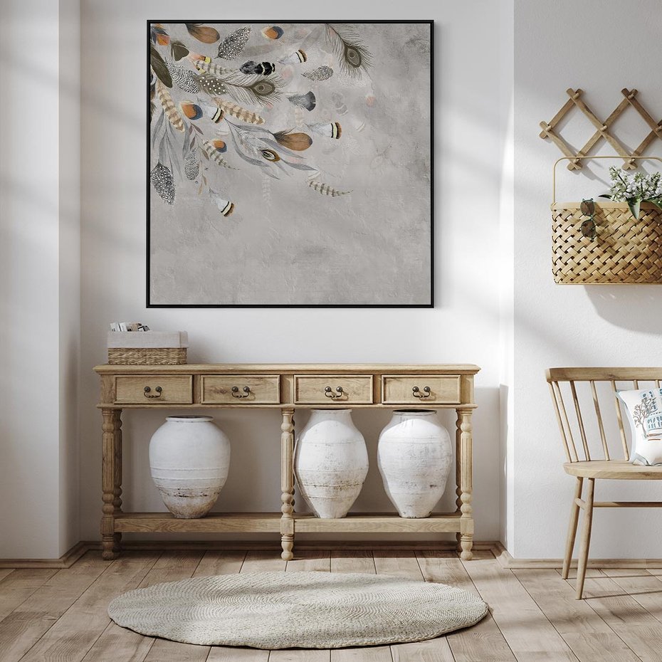 Obraz w ramie 50x50 - Sploty losu na płótnie - kompozycja boho piór, indiańskie pióra - rama czarna