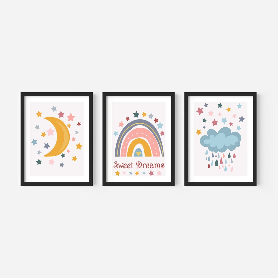 Zestaw obrazy w ramie 40x50 galeria - Plakaty, dla, dzieci, tęcza - rama czarna