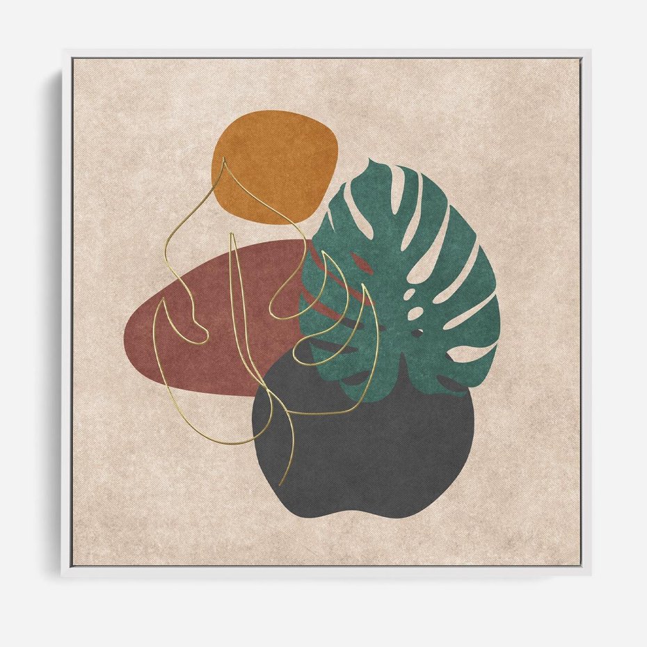 Obraz w ramie 80x80 - Akwarelowa Magia Liści - grafika, styl mid century - rama biała