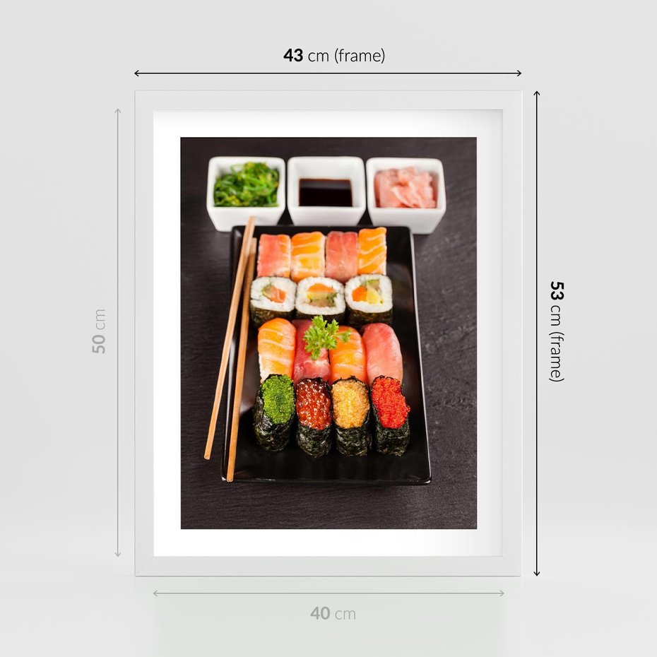 Plakat w ramie 40x50 - Kulinarne podróże do Japonii - sushi, japonia - rama biała