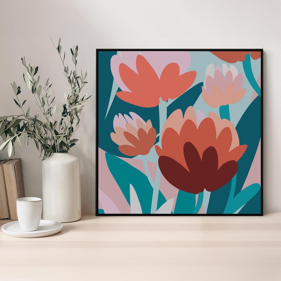 Obraz w ramie 50x50 - Symfonia Kwiatów - abstrakcyjna kompozycja kwiatowych form, kolor zgaszone - rama czarna