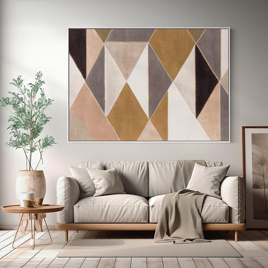 Obraz w ramie 100x70 - Odblaski niespełnionych marzeń - kompozycja z trójkątów, mix kolorów ziemi - rama biała