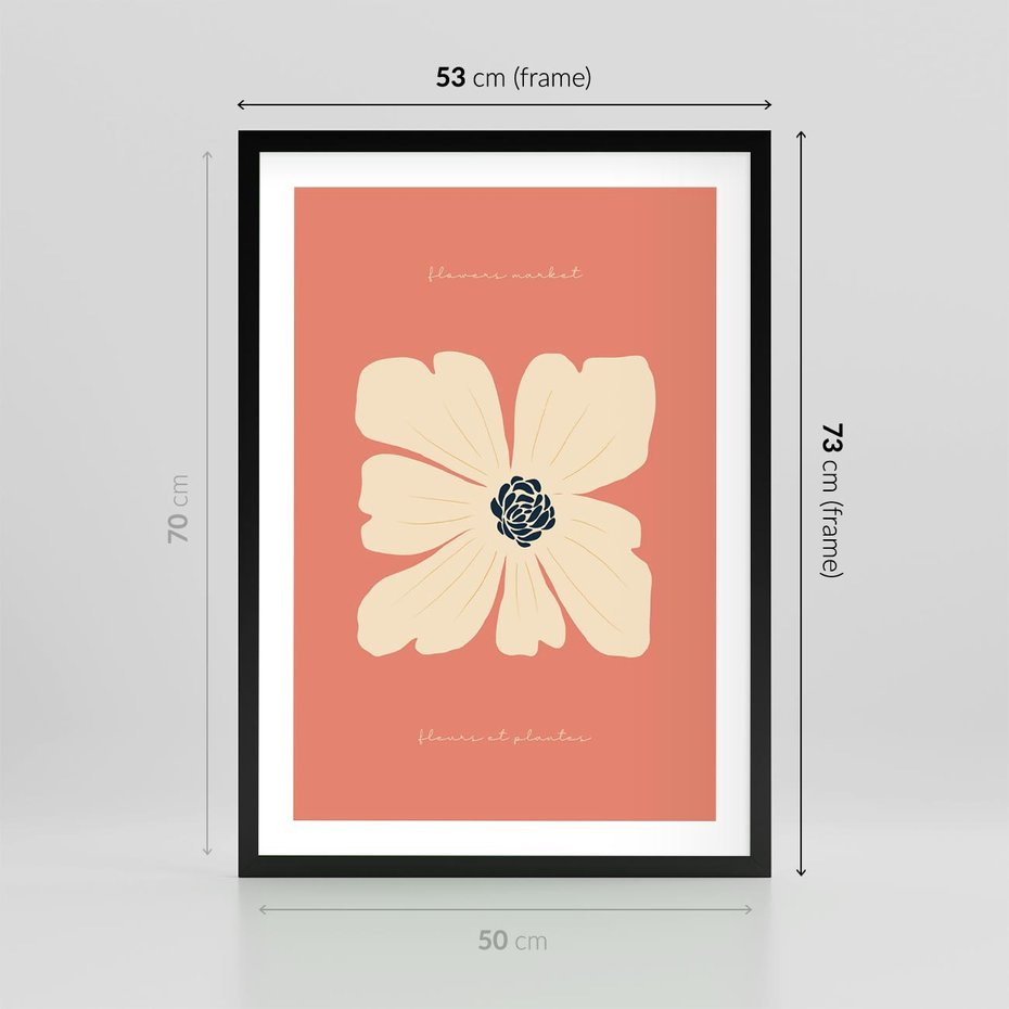 Plakat w ramie 50x70 - Malowane Kolorowe Echa - minimalistyczna grafika, biały kwiat na różowym tle - rama czarna