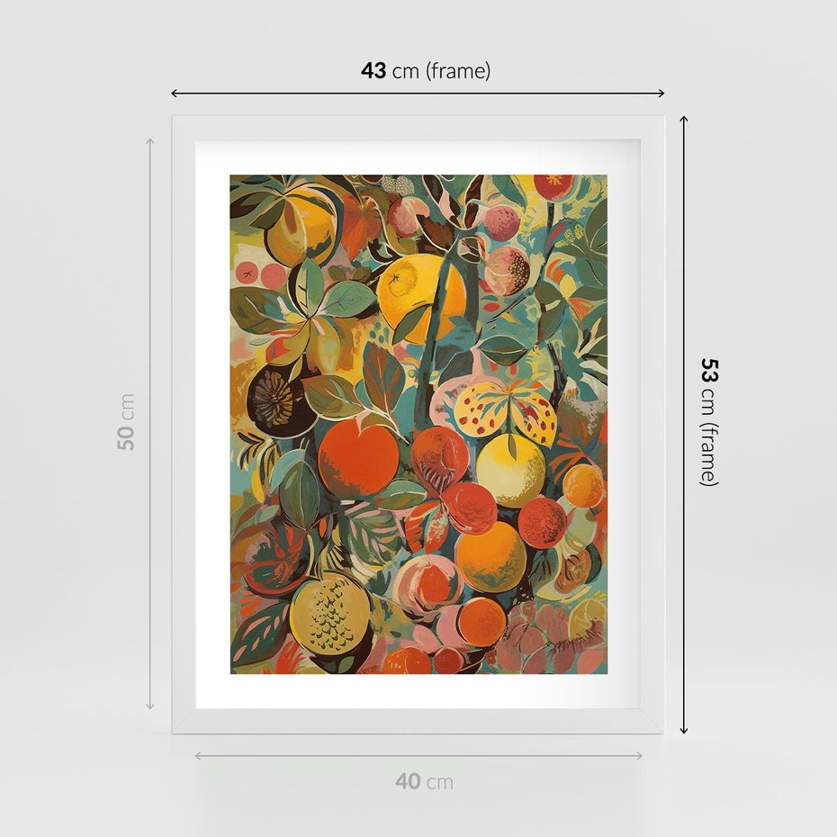 Plakat w ramie 40x50 - Księga Surrealnych Wyobrażeń - abstrakcyjny obraz owoców, jak picasso - rama biała