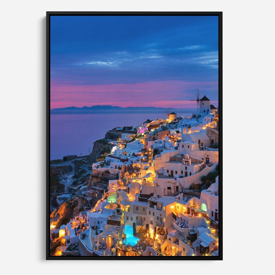 Obraz w ramie 50x70 - Wyblakłe wspomnienia gwiazd - Santorini, wieczór - rama czarna