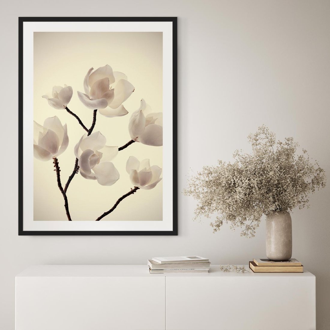 Plakat w ramie 40x50 - Elegancja Natury - magnolia, białe - rama czarna