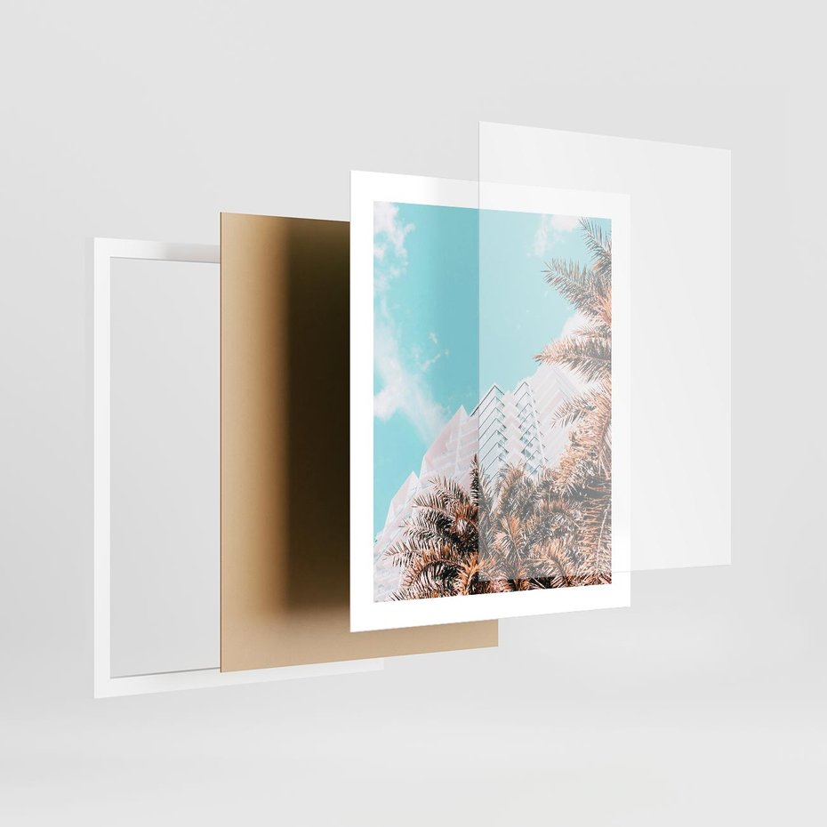 Plakat w ramie 40x50 - Wakacyjny Raj - palmy, wysokie budynki - rama biała