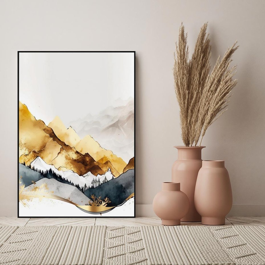 Obraz w ramie 50x70 - Złote Góry - akwarela, graficzne góry - rama czarna