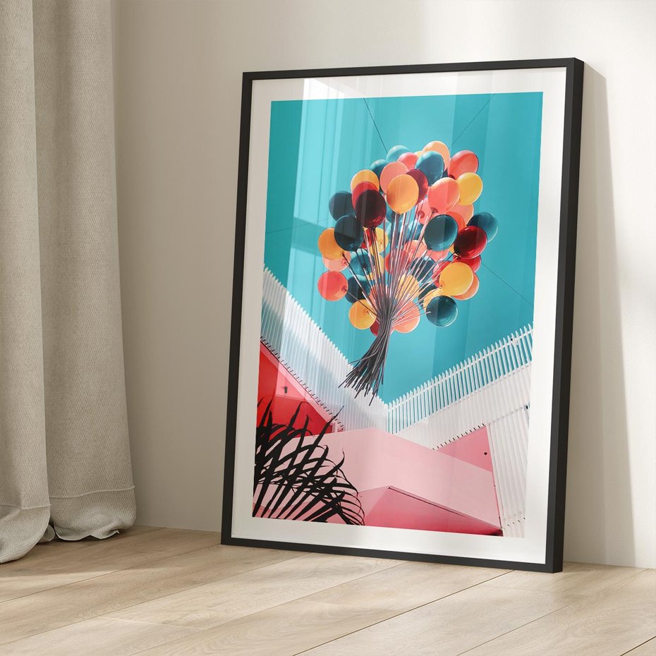 Plakat w ramie 30x40 - Kolorowe Balony Pod Niebem - kolorowe balony na tle niebieskiego nieba - rama czarna