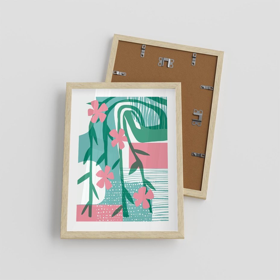 Plakat w ramie 30x40 - Rozkwitające Harmonie Form - abstrakcyjne pastelowe kwiaty, nowoczesna sztuka - rama drewno