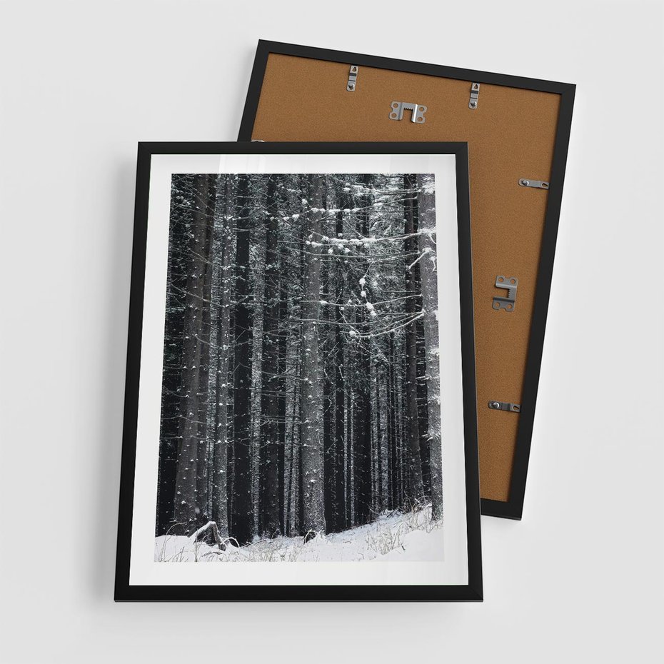 Plakat w ramie 50x70 - Leśna Cisza: Malowniczy Pejzaż Zimą - las zimą, ośnieżone pnie drzew - rama czarna