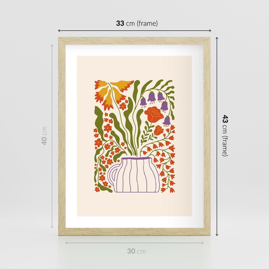 Plakat w ramie 30x40 - Świeżość Kwiatów - kwiaty w wazonie, minimalistyczna kompozycja - rama drewno