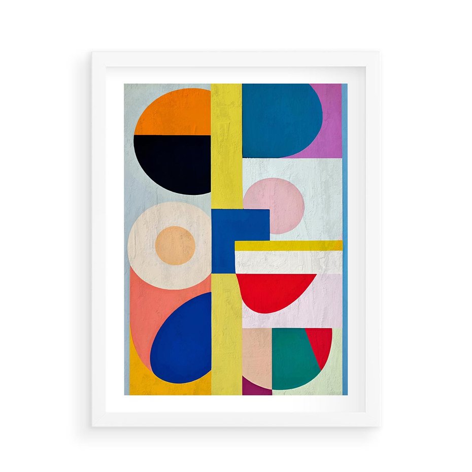 Plakat w ramie 50x70 - Harmonia Kolorowych Impulsów - abstrakcyjne geometryczne kształty, olejny obraz - rama biała
