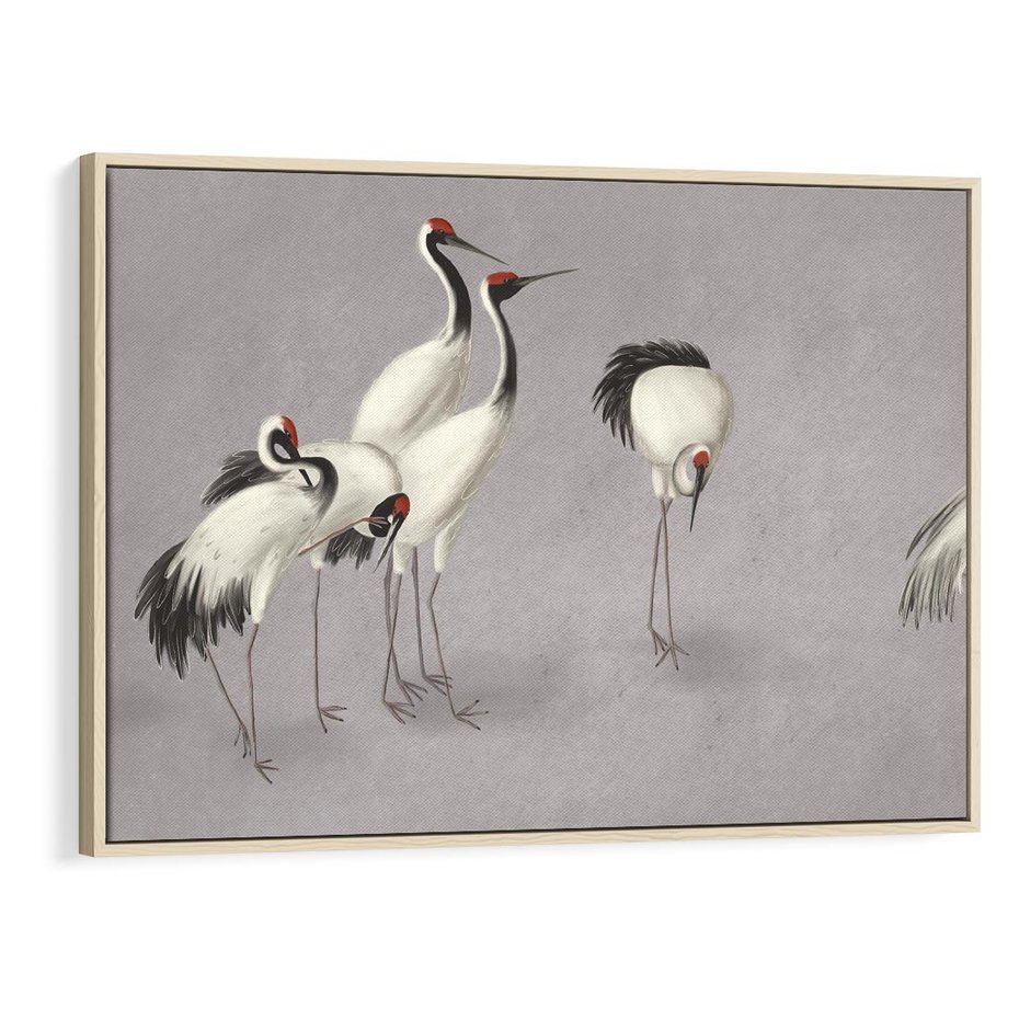 Obraz w ramie 120x80 - Spojrzenie wstecz w pędzlu - szkic rysunek, japońskie żurawie - rama drewno