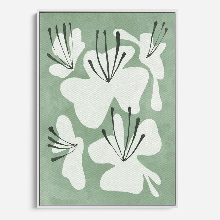 Obraz w ramie 80x120 - Rozkwitające Ukojenie - zgaszona zieleń, kwiaty - rama biała