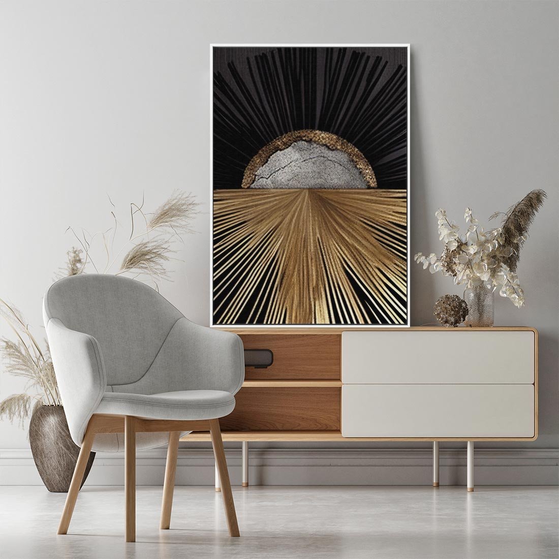 Obraz w ramie 80x120 - Metaliczne Boho Abstrakcje - boho, słońce - rama biała