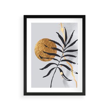 Plakat w ramie 40x50 - Grafika z Czarnym Liściem Palmy - czarny liść palmy, złóte kołó - rama czarna