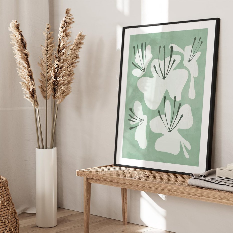 Plakat bez ramy 21x30 - Rozkwitające Ukojenie - zgaszona zieleń, kwiaty