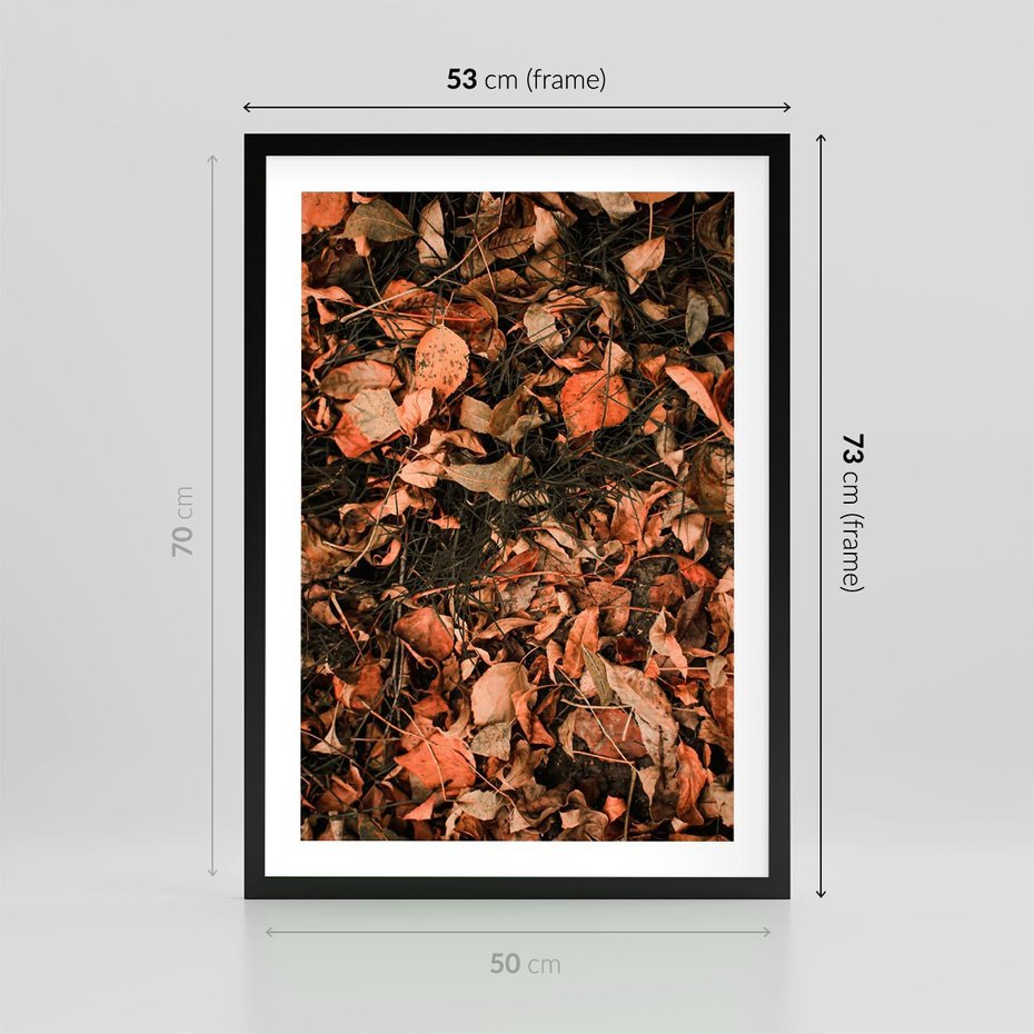 Plakat w ramie 50x70 - Jesienny Splot: Pomarańczowe Liście - liście, pomarańczowe suche liście - rama czarna