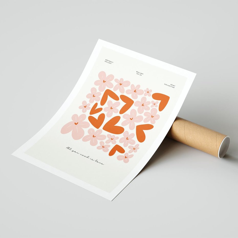 Plakat bez ramy 21x30 - Miłość w Kompozycji - grafika, kompozycja kwiaty i serca