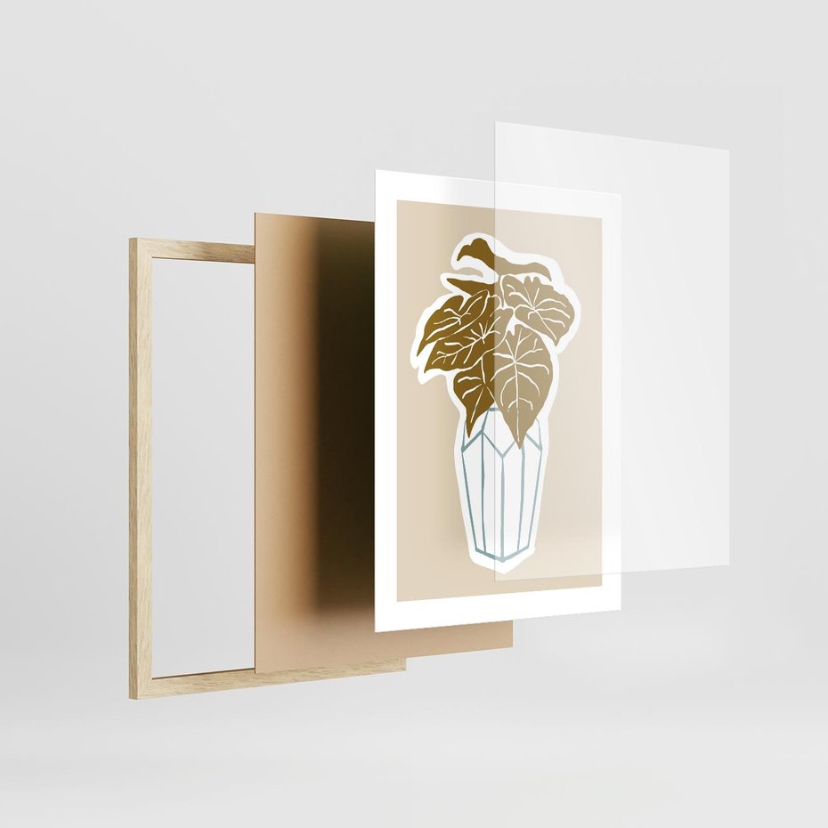 Plakat w ramie 30x40 - Bezgraniczne Marzenia - nowoczesna kompozycja, liście monstery w wazonie - rama drewno