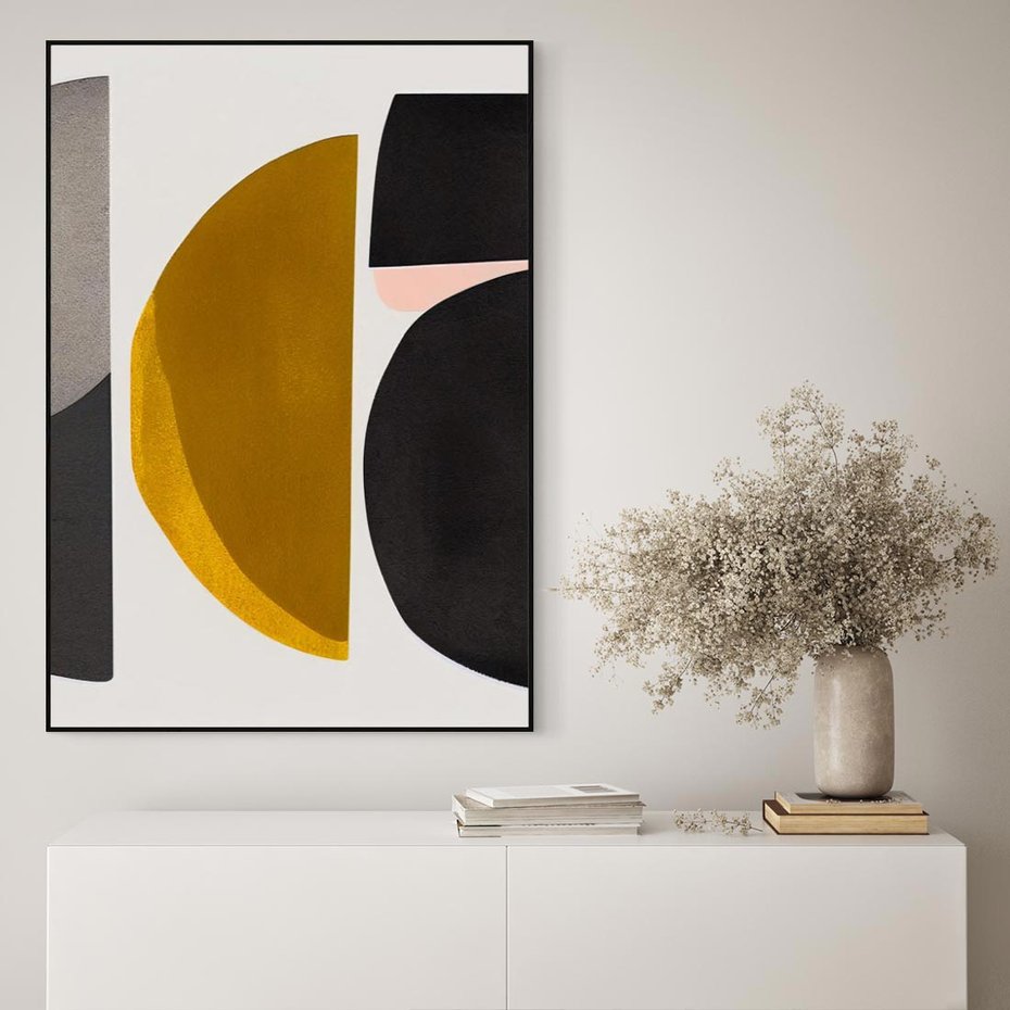 Obraz w ramie 70x100 - Tajemnice sztuki odkryte - geometryczne półkola, kształty - rama czarna