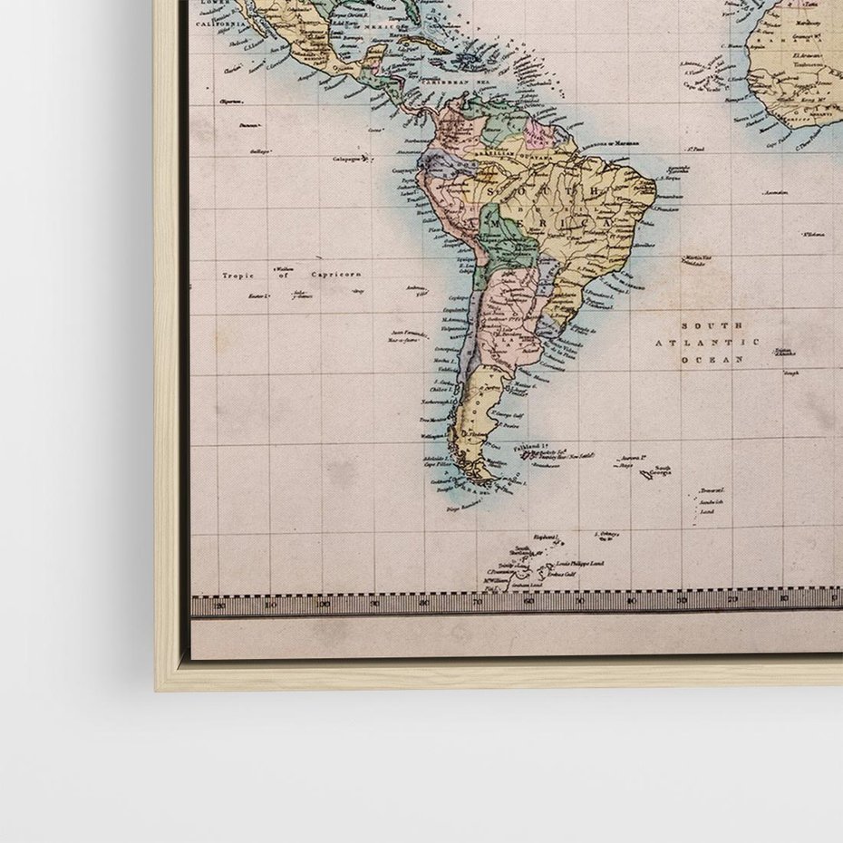 Obraz w ramie 50x50 - Światło Przeszłości - retro mapa świata, mapa - rama drewno