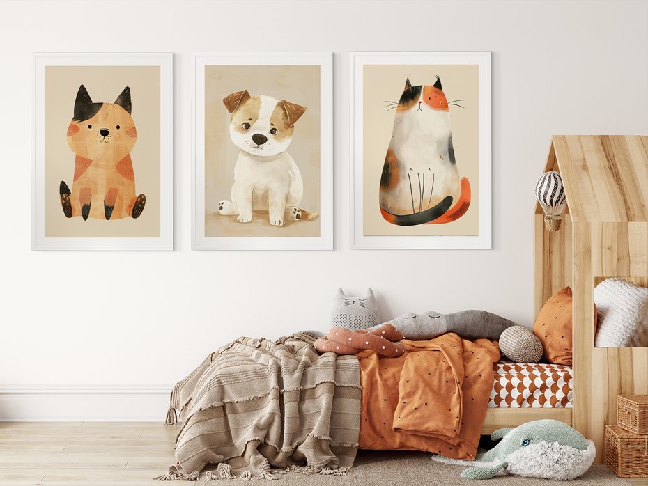 Zestaw obrazy w ramie 30x40 galeria - dla, dzieci, kot, pies, boho - rama biała