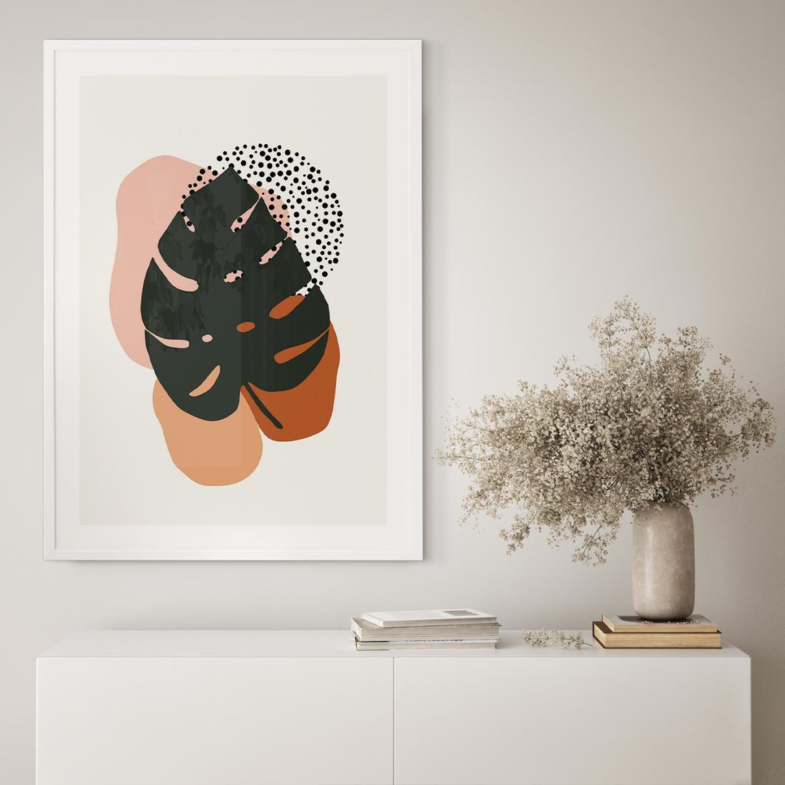 Plakat w ramie 30x40 - Minimalizm w Liściach Monstery: Plamy i Kropki - minimalizm, monstera plamy - rama biała