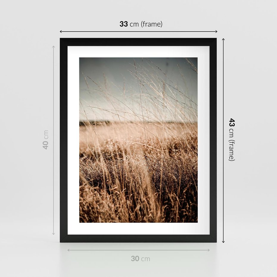Plakat w ramie 30x40 - Sucha Trawa w Odcieniach Sepii - suche trawy, łąka odcienie beżu - rama czarna