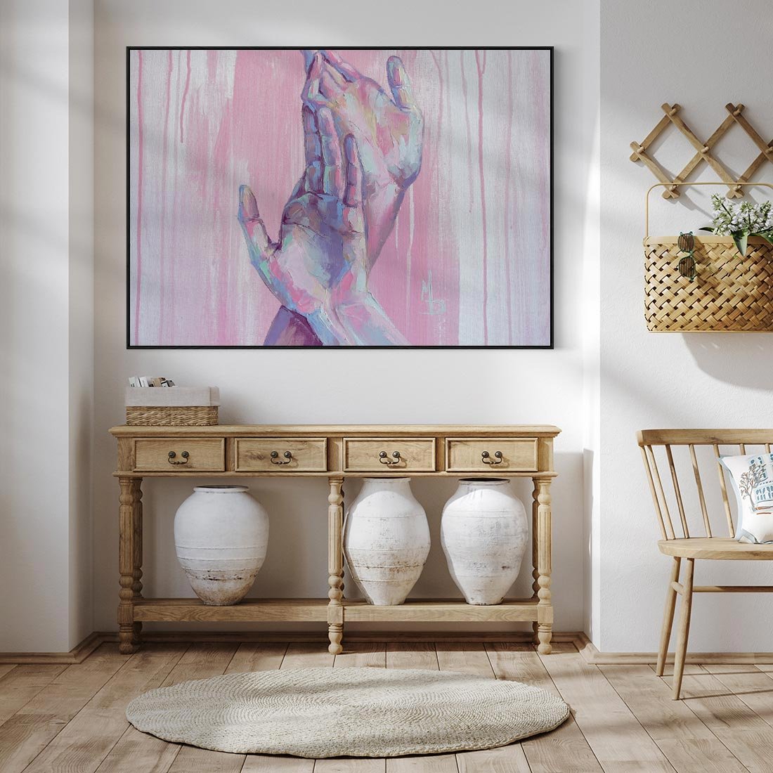 Obraz w ramie 100x70 - Splecione - obraz olejny, pastelowe kolory - rama czarna