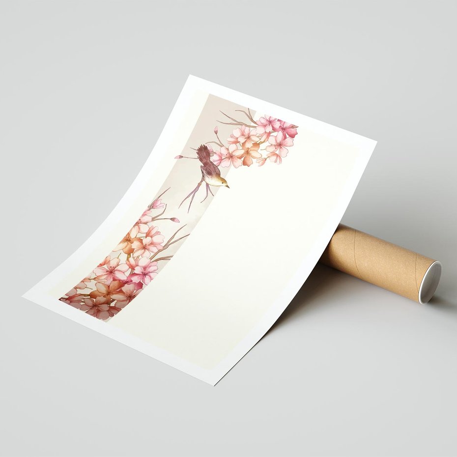 Plakat bez ramy 50x70 - Rozkwitające Marzenia - japońska sztuka, ptak