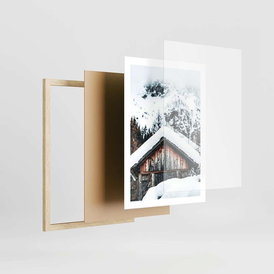 Plakat w ramie 50x70 - Domek w Górach w Białym Odcieniu - zima, domek w górach - rama drewno