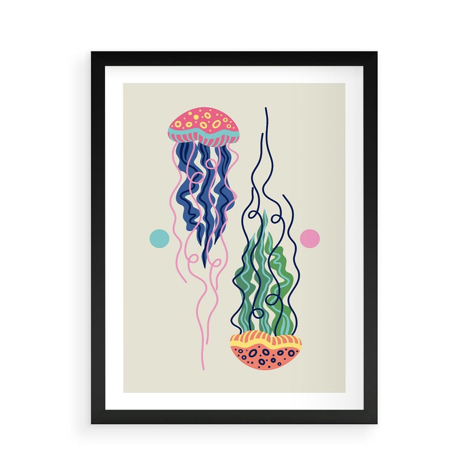 Plakat w ramie 50x70 - Morskie Pulsacje - nowoczesny optymistyczny plakat, kolorowe meduzy - rama czarna