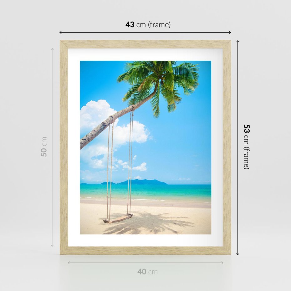 Plakat w ramie 40x50 - Hawajska palma i huśtawka na plaży - palma, huśtawka - rama drewno