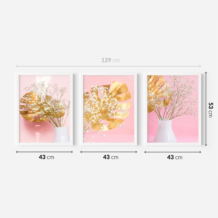 Zestaw obrazy w ramie 40x50 galeria - Złote, liście, monstera, kwiaty - rama biała