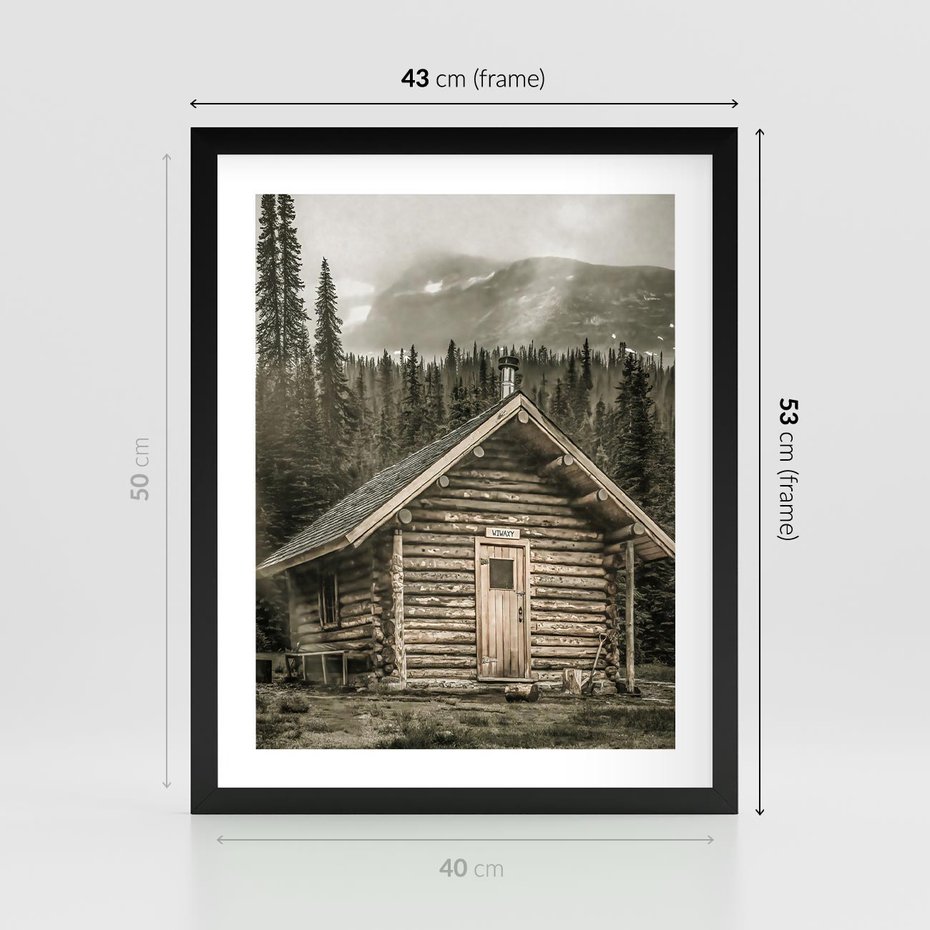 Plakat w ramie 40x50 - Urok Drewnianej Chatki w Górach - chatka w górach, drewniany domek - rama czarna