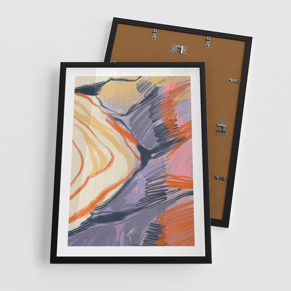 Plakat w ramie 50x70 - Pokreślony Świat - abstrakcyjne formy, odcienie pomarańczu i fioletu - rama czarna