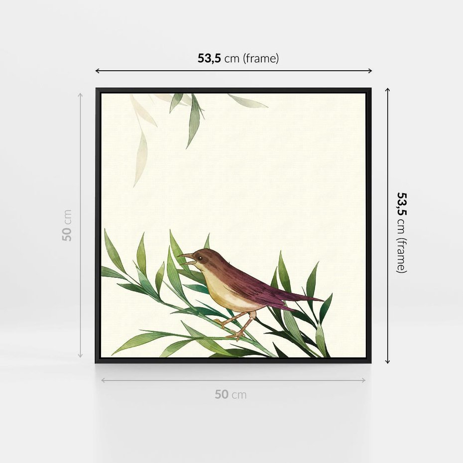 Obraz w ramie 50x50 - Roślinne Nastroje - japońska sztuka, ptak - rama czarna