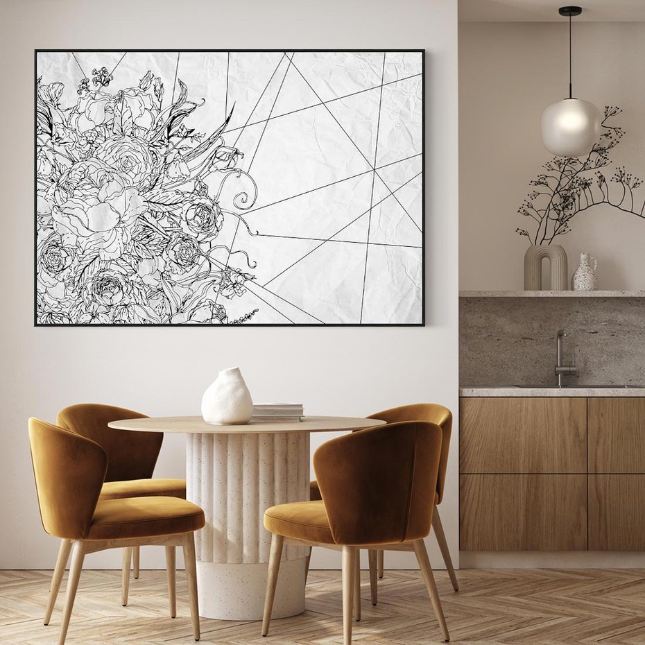 Obraz w ramie 70x50 - Refleksje w martwym punkcie - graficzny szkic, kompozycja kwiatów - rama czarna