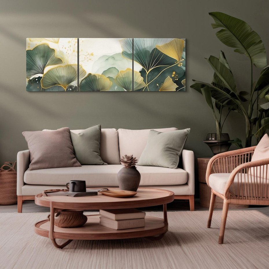 Obraz na płótnie 120x40 - Natura w Złotym Odcieniu - złote elementy, liście miłorzębu japońskiego