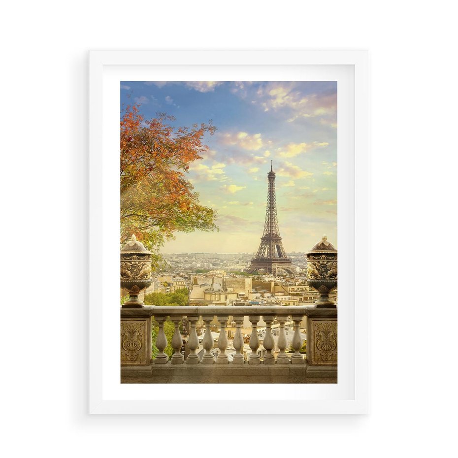 Plakat w ramie 50x70 - Paryż za Wieżą Eiffla - Paryż, Eiffla - rama biała