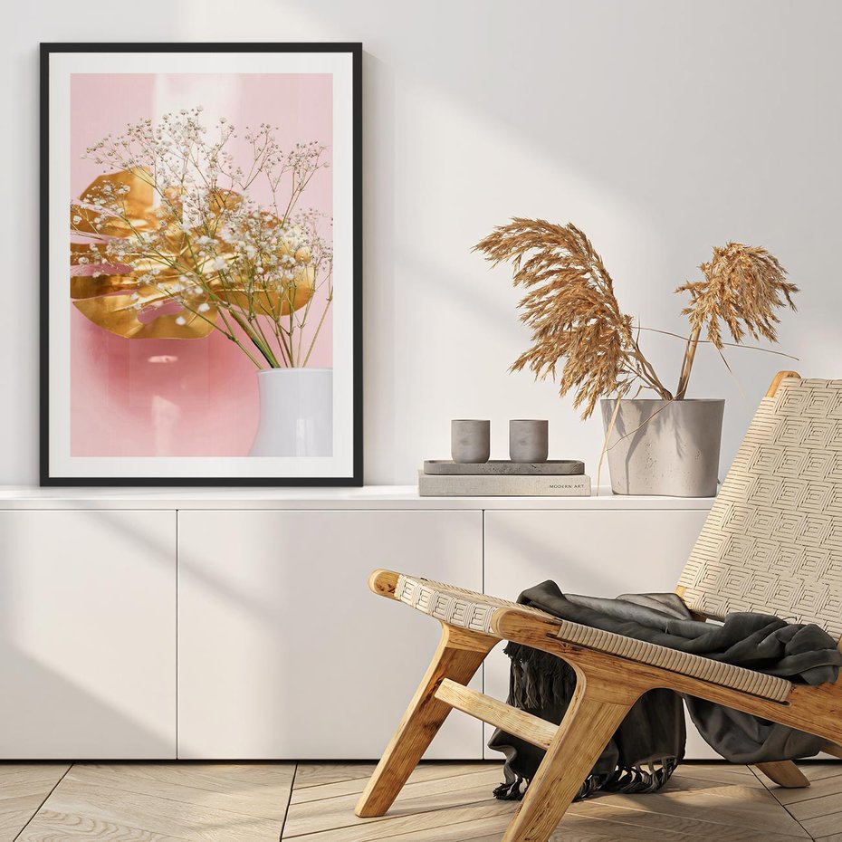 Plakat bez ramy 40x50 - Złoty Akcent - złoty liść montery, gipsówka