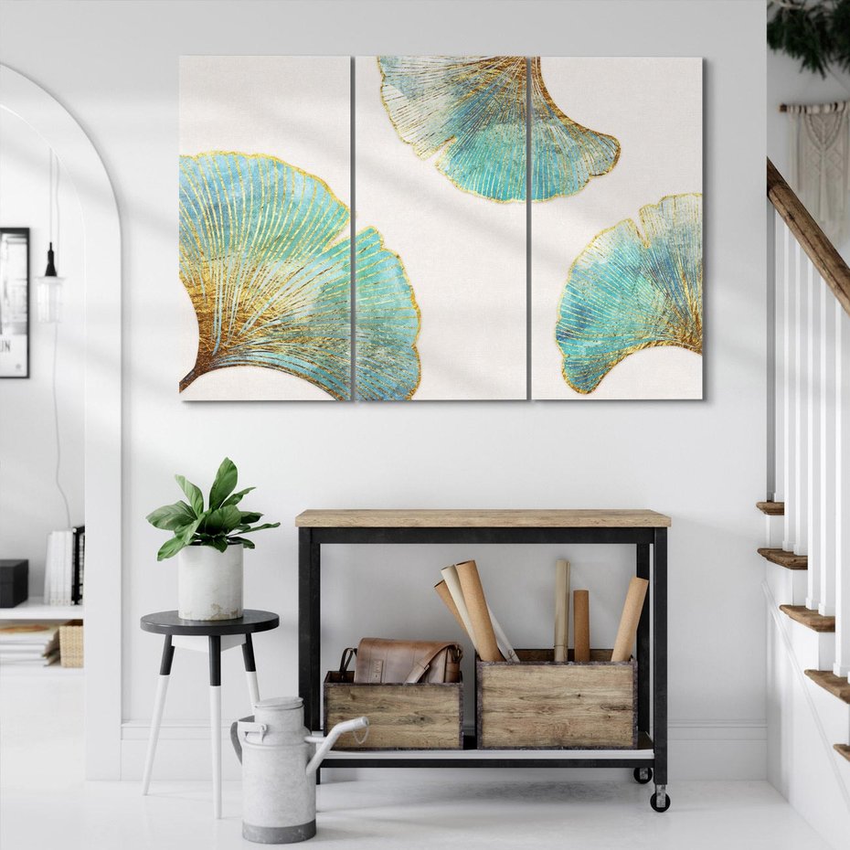Obraz na płótnie 120x80 - Złota Melodia Liści - złote, turkusowe liście miłorzębu