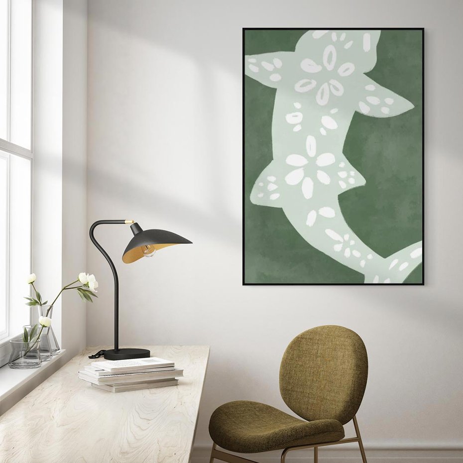 Obraz w ramie 50x70 - Migotliwe Wibracje Zieleni - zielony plakat, abstrakcja przypominająca rybę - rama czarna