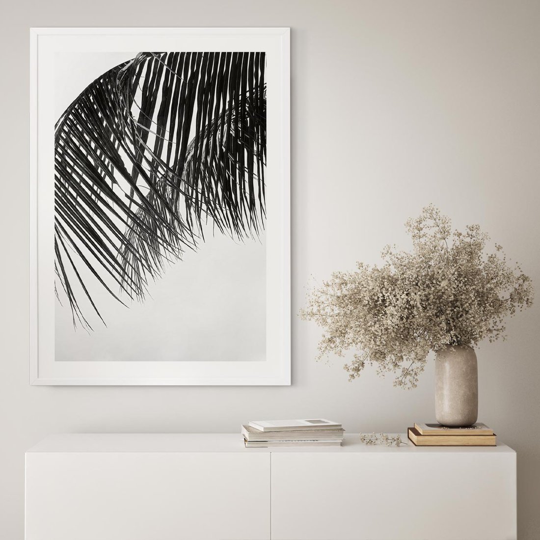 Plakat w ramie 30x40 - Czarno-Biały Kontrast - czarno białe zdjecie, palma - rama biała