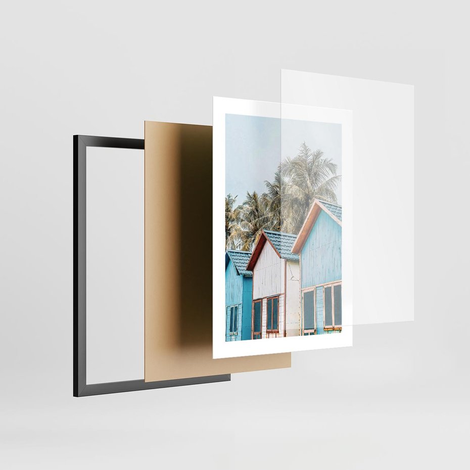 Plakat w ramie 30x40 - Rajskie Wakacje - domki na plaży, błękitne domki - rama czarna